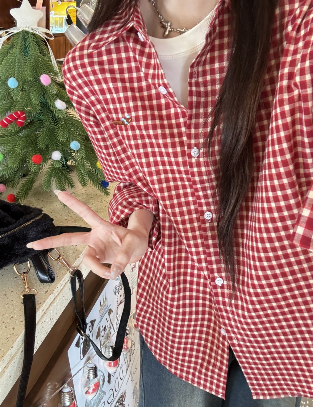 Lapel plaid tops red unique shirt for women