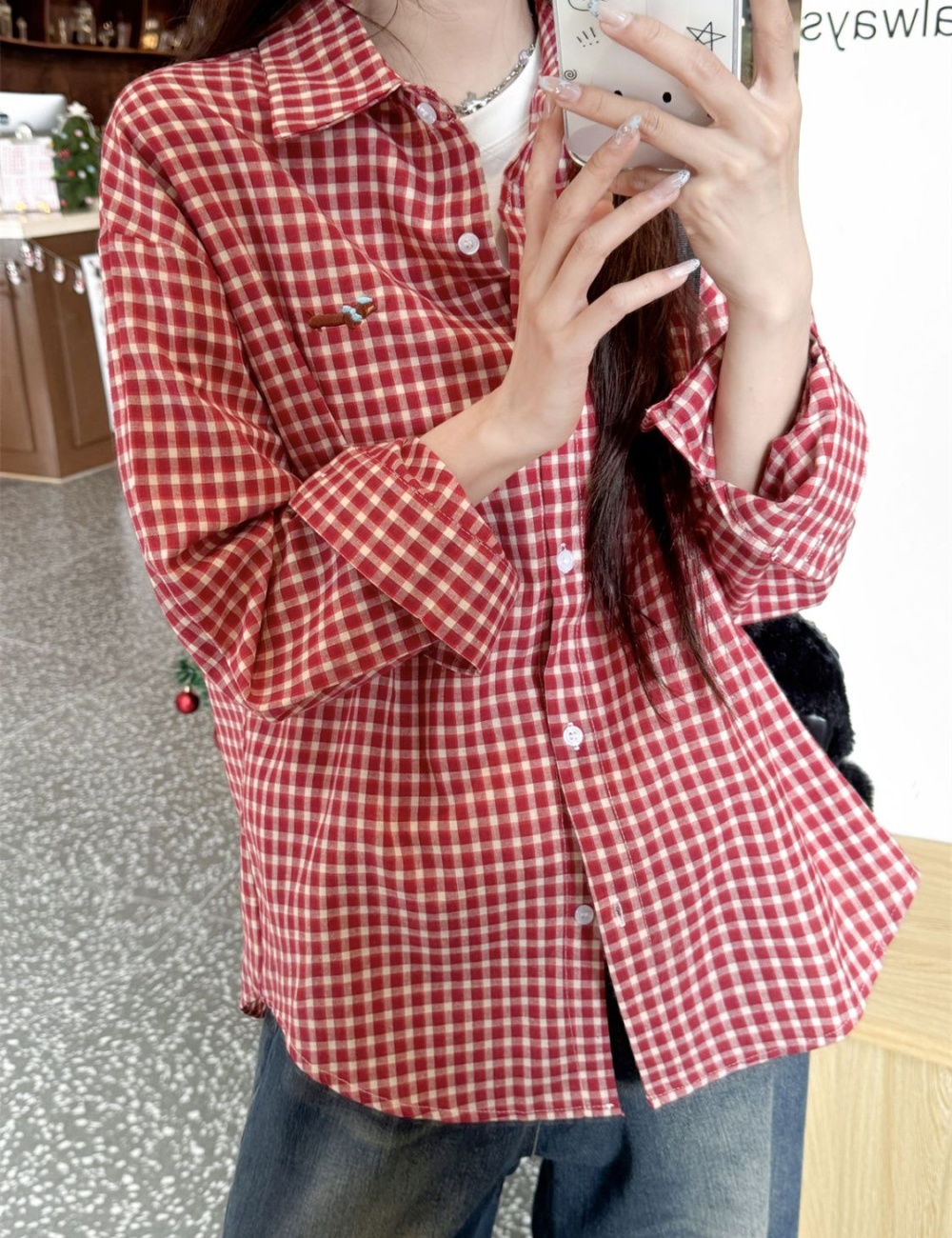 Lapel plaid tops red unique shirt for women