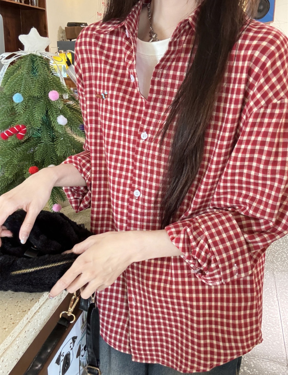 Lapel plaid tops red unique shirt for women