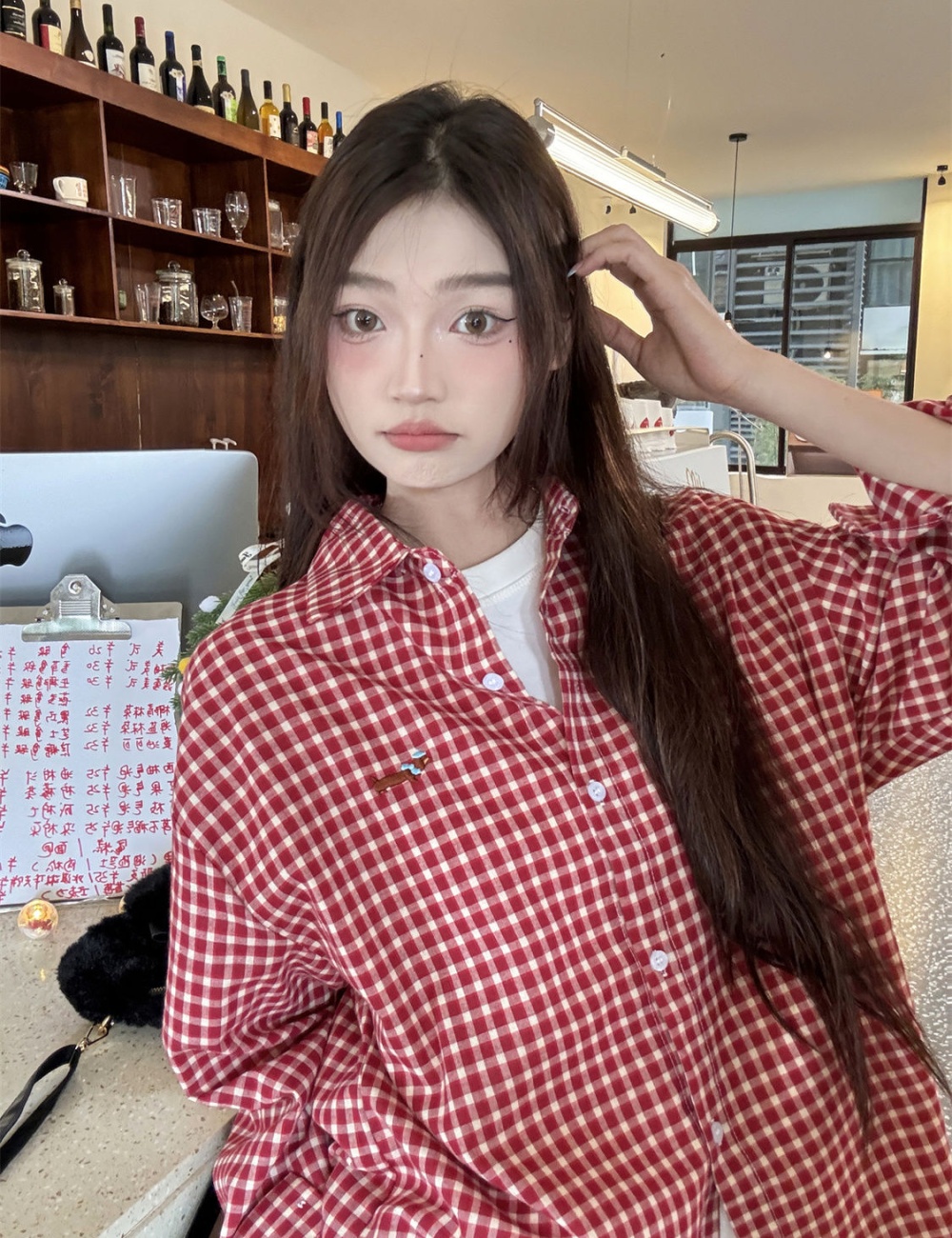 Lapel plaid tops red unique shirt for women