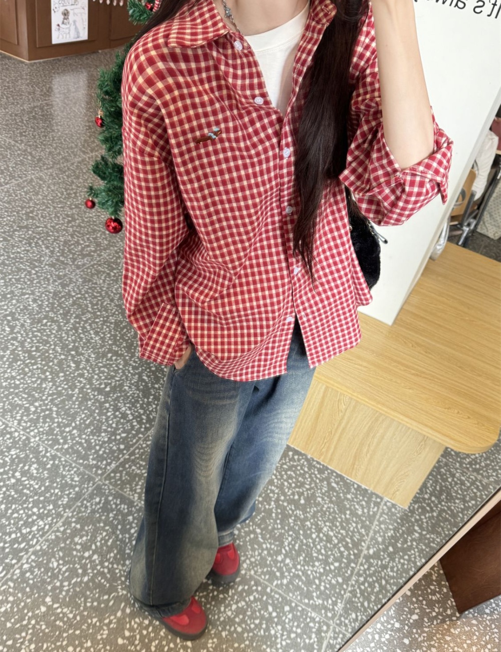 Lapel plaid tops red unique shirt for women