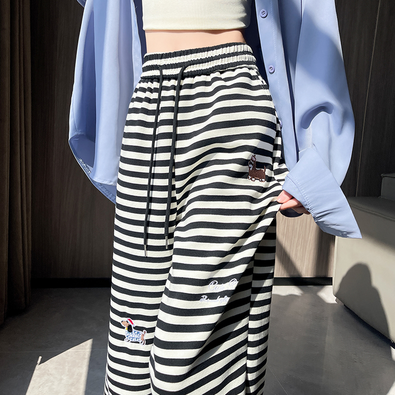 Stripe wide leg pants embroidery pants