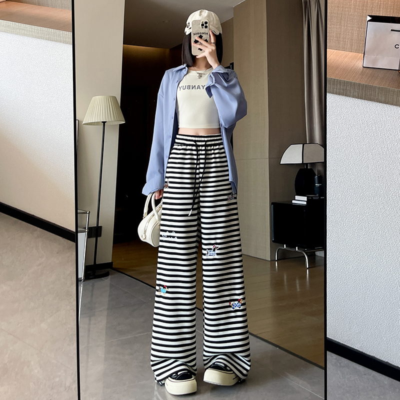 Stripe wide leg pants embroidery pants