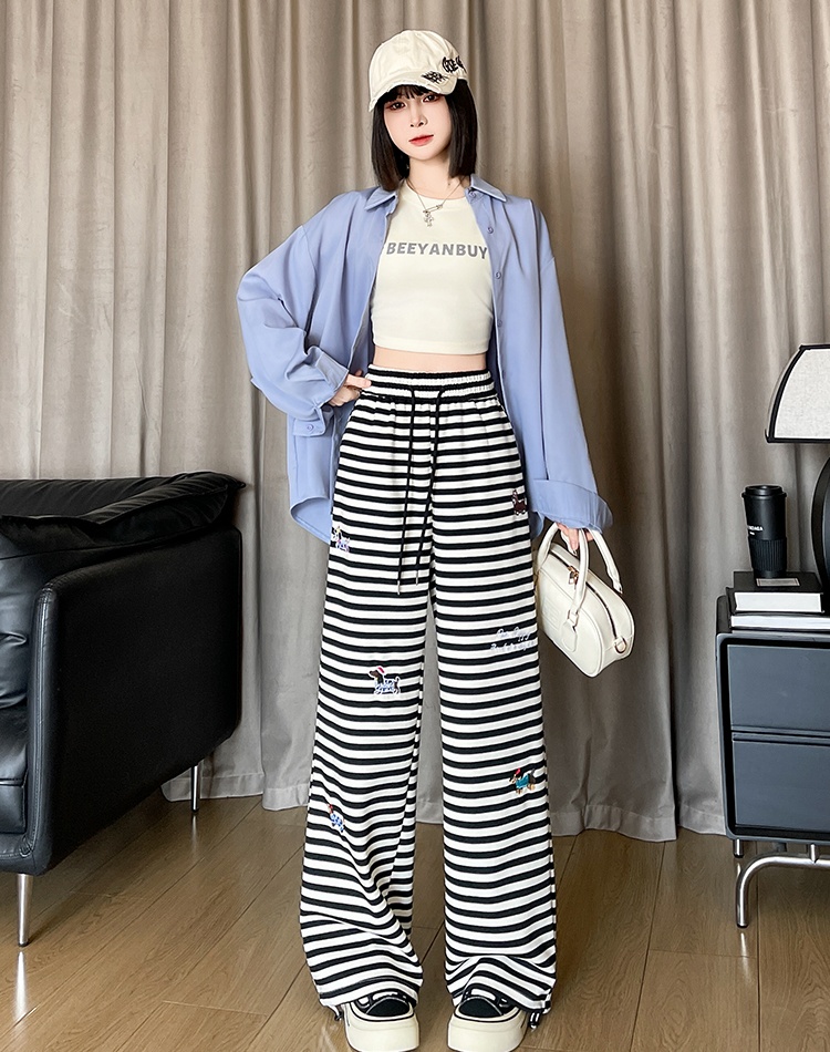 Stripe wide leg pants embroidery pants