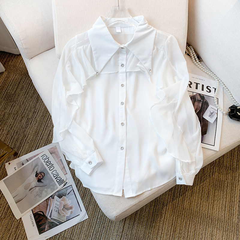 Lapel white spring loose Korean style shirt for women