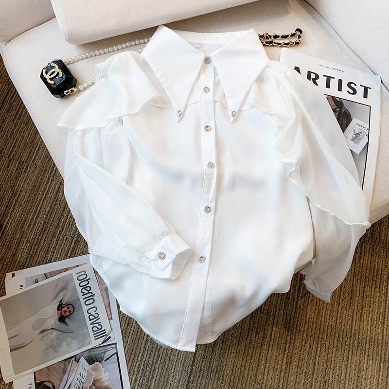 Lapel white spring loose Korean style shirt for women