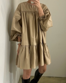 Splice loose long sleeve retro Korean style round neck dress