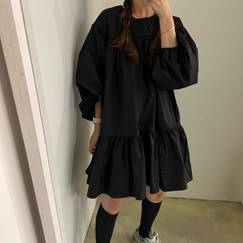 Splice loose long sleeve retro Korean style round neck dress