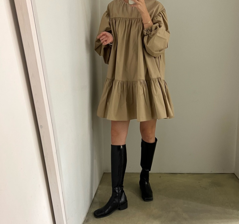 Splice loose long sleeve retro Korean style round neck dress