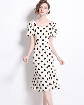 Long square collar lady dress slim bow dress