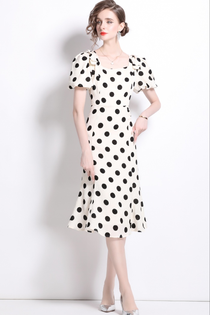 Long square collar lady dress slim bow dress