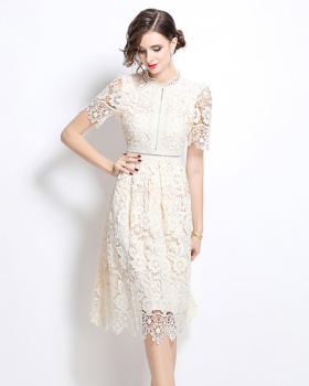 Long slim lace hollow short sleeve dress