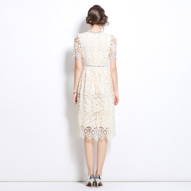 Long slim lace hollow short sleeve dress