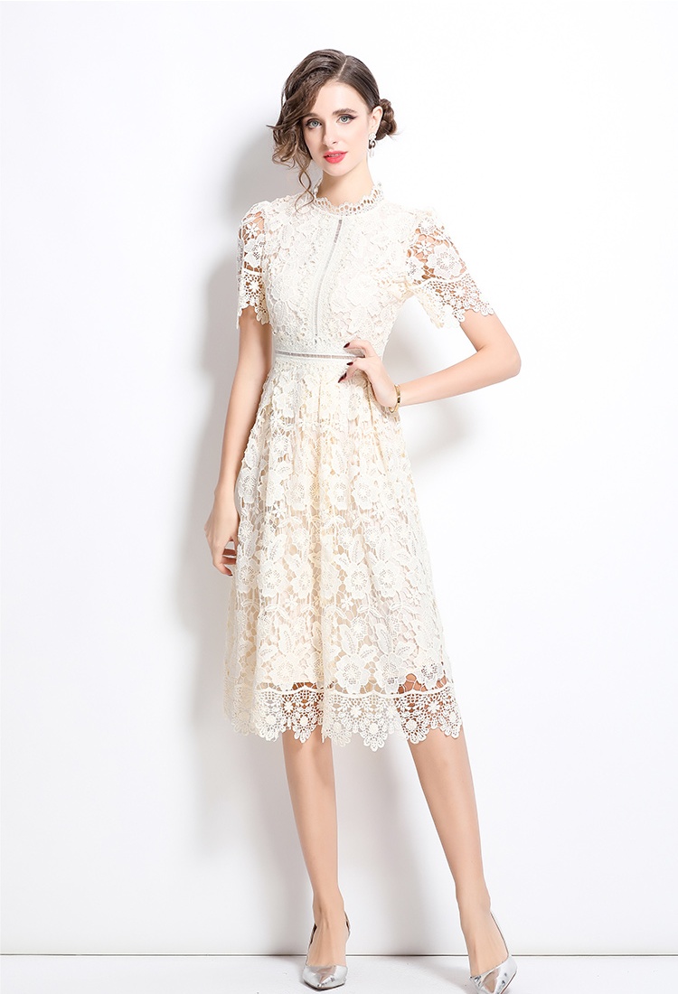 Long slim lace hollow short sleeve dress