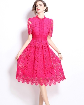 Short sleeve slim hollow lace long dress