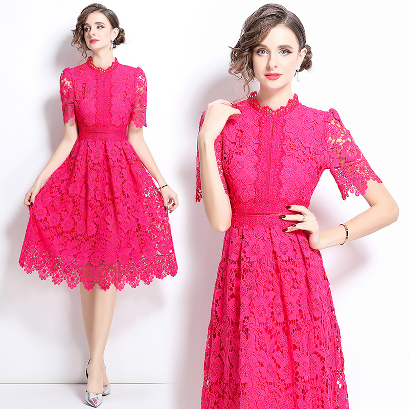 Short sleeve slim hollow lace long dress