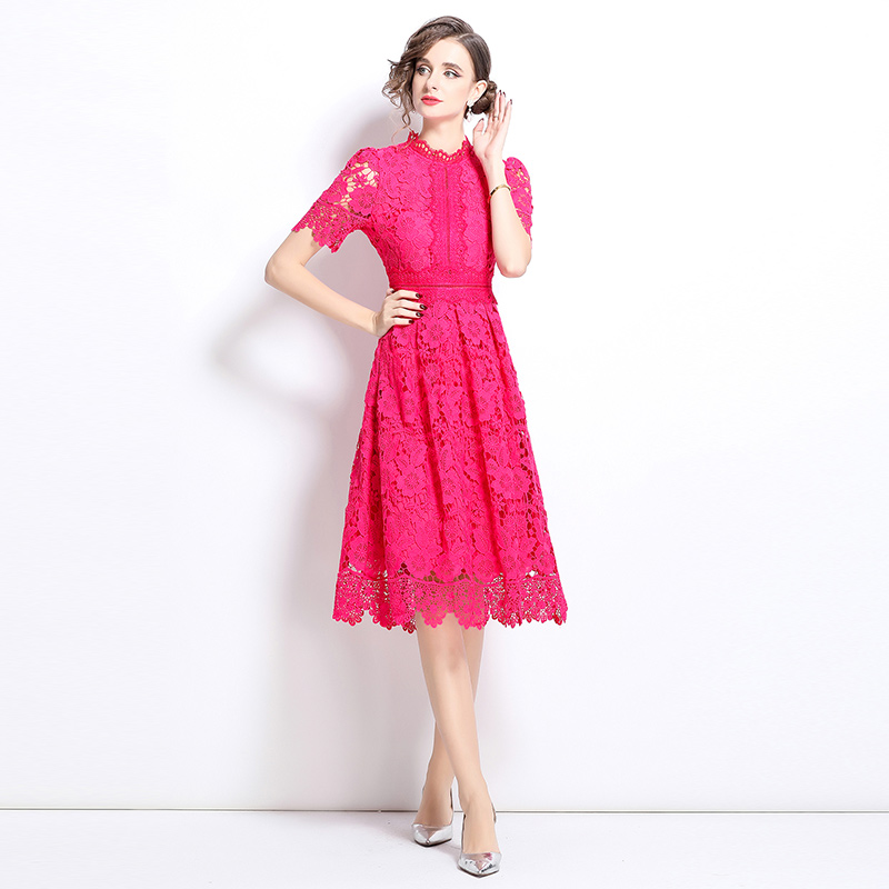 Short sleeve slim hollow lace long dress