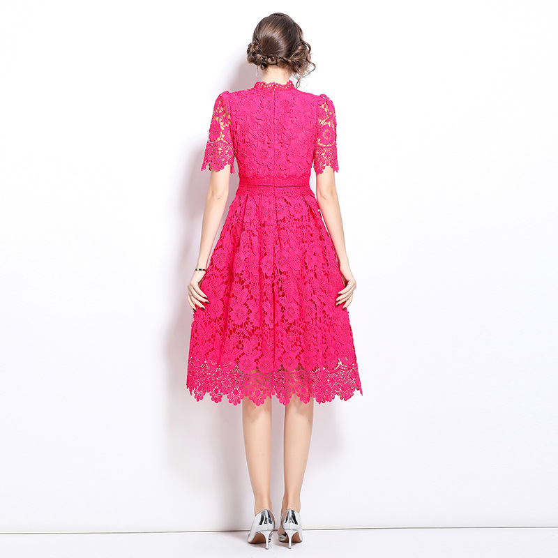 Short sleeve slim hollow lace long dress