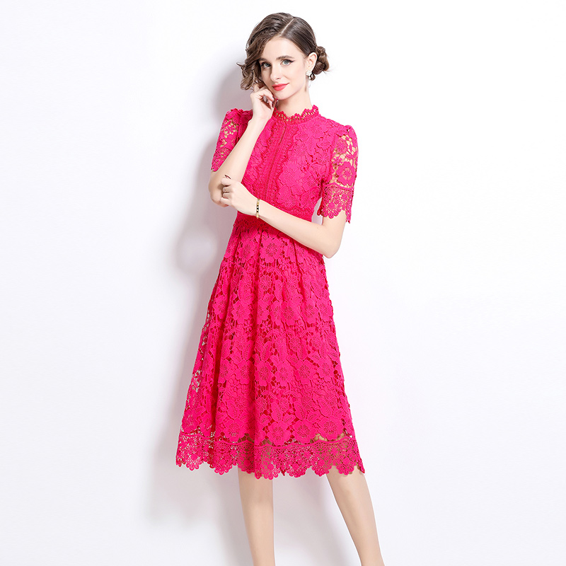 Short sleeve slim hollow lace long dress