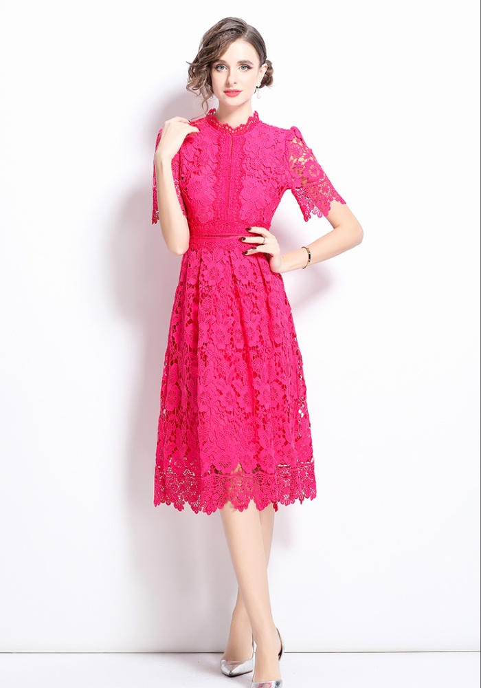 Short sleeve slim hollow lace long dress