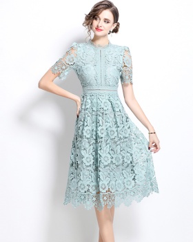 Lace long slim hollow short sleeve dress