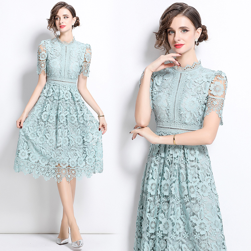 Lace long slim hollow short sleeve dress