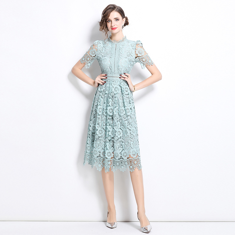 Lace long slim hollow short sleeve dress