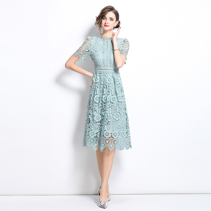 Lace long slim hollow short sleeve dress