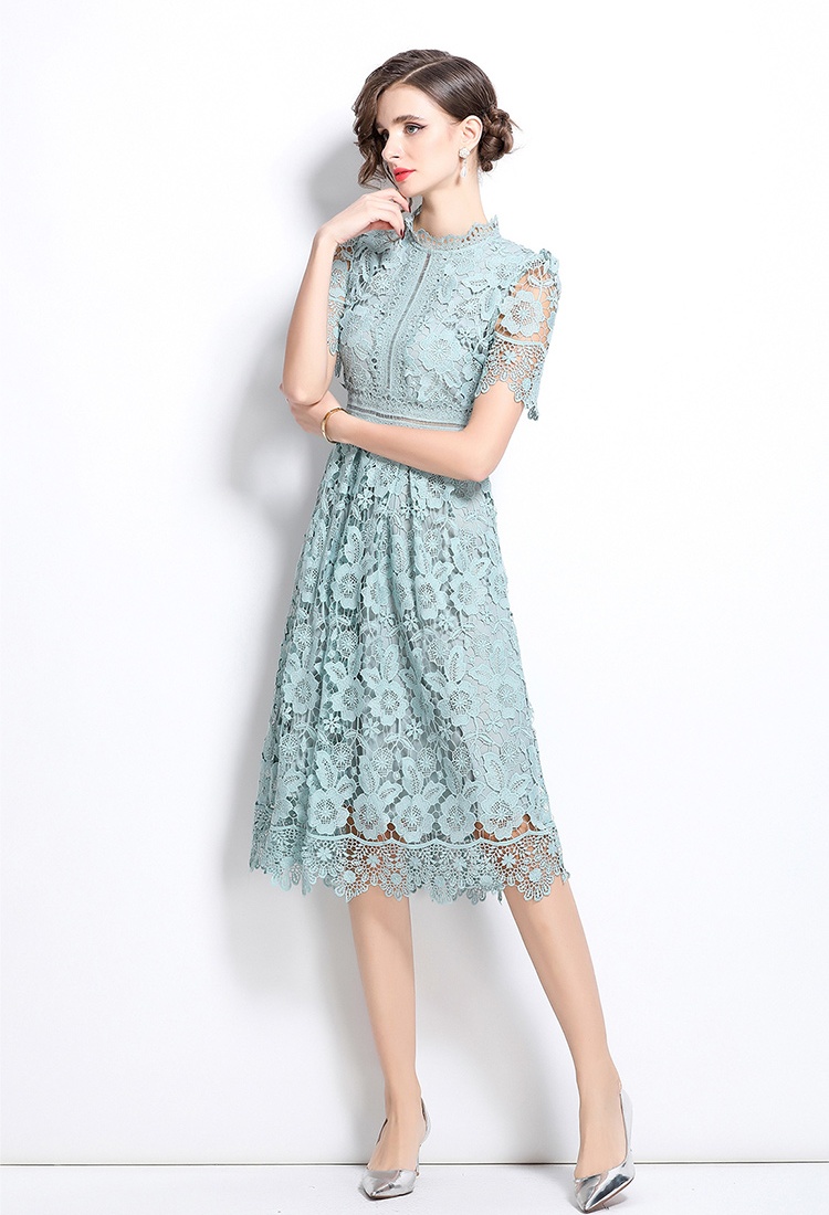 Lace long slim hollow short sleeve dress