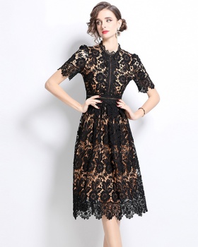 Slim long hollow lace short sleeve dress