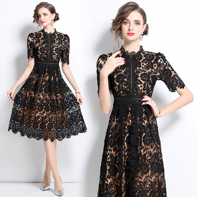 Slim long hollow lace short sleeve dress