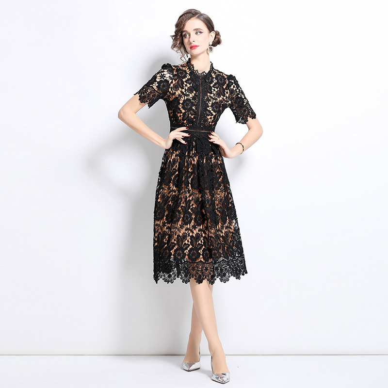 Slim long hollow lace short sleeve dress