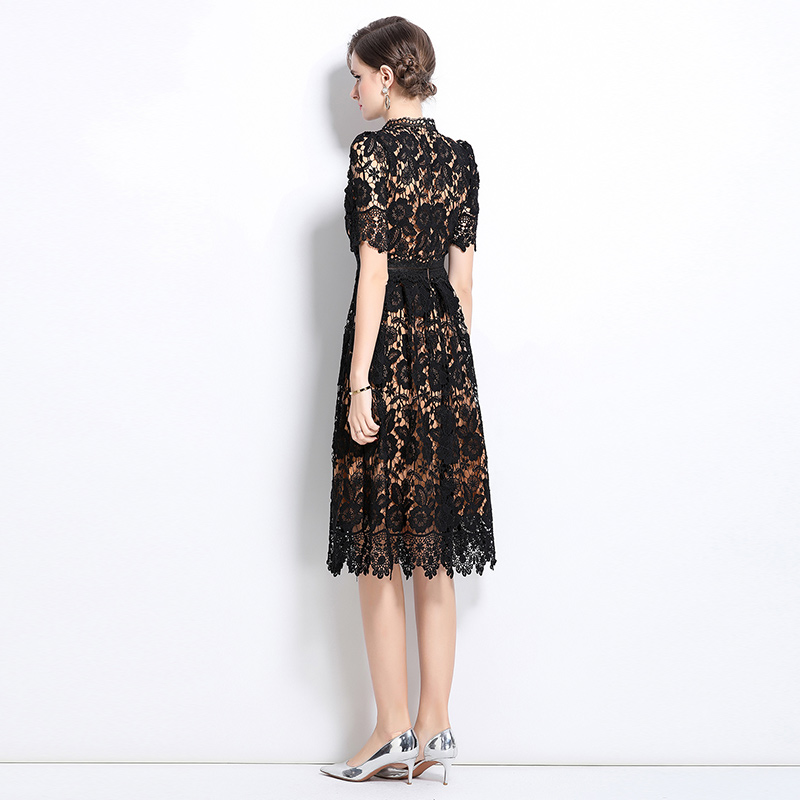 Slim long hollow lace short sleeve dress