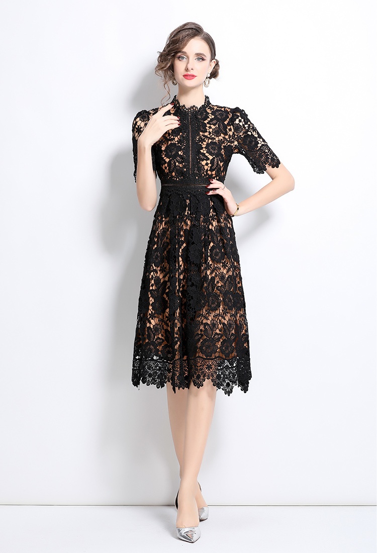 Slim long hollow lace short sleeve dress