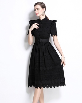 Short sleeve splice elegant pinched waist dress