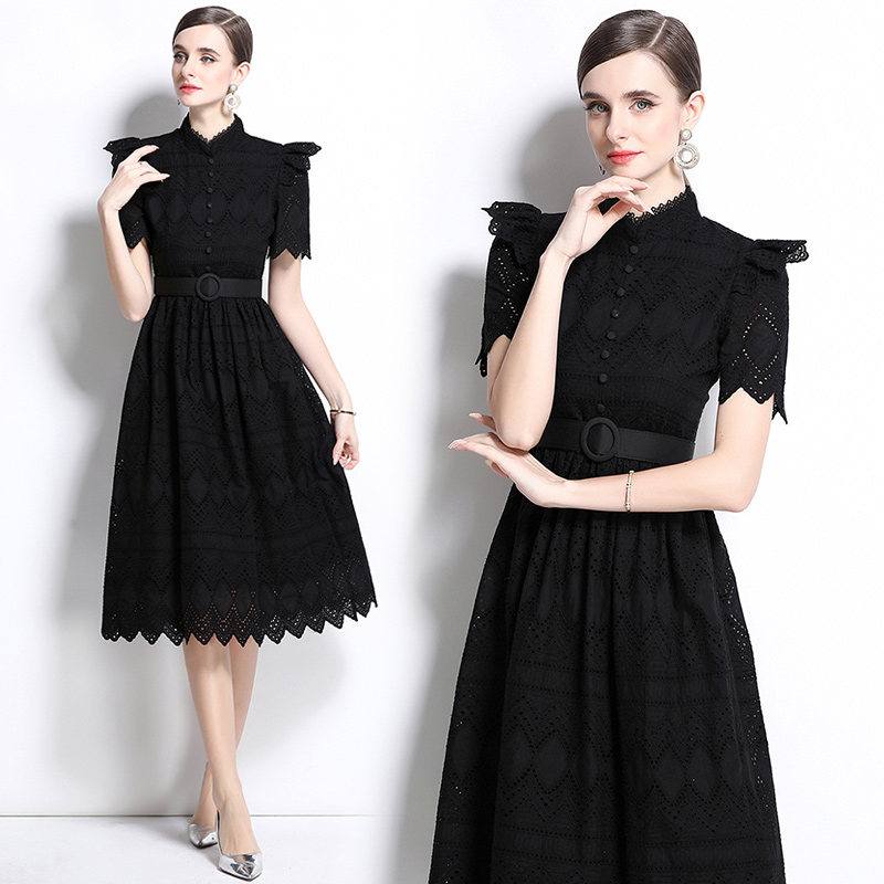 Short sleeve splice elegant pinched waist dress