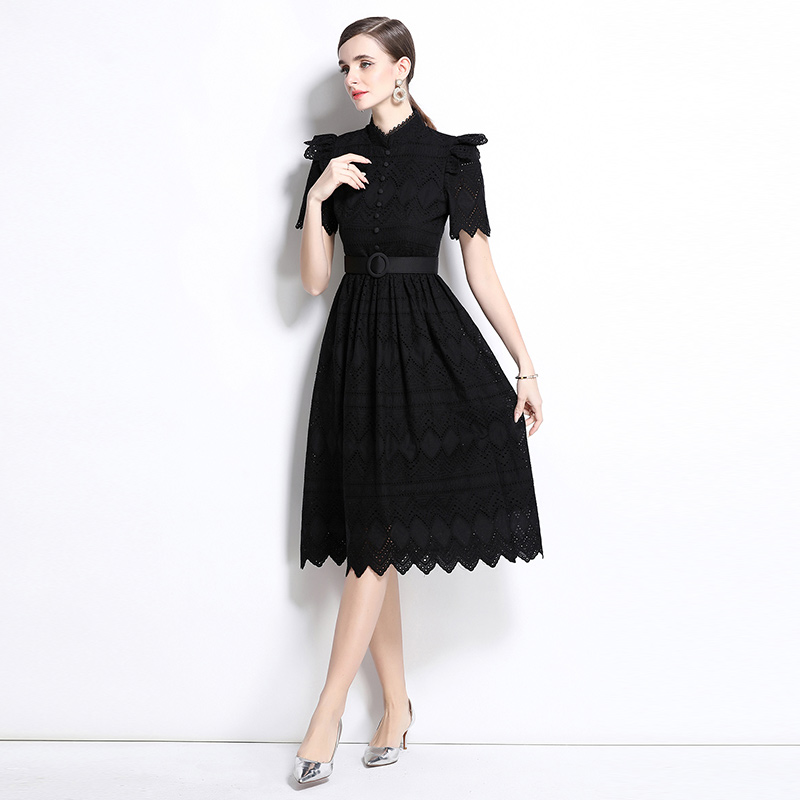 Short sleeve splice elegant pinched waist dress