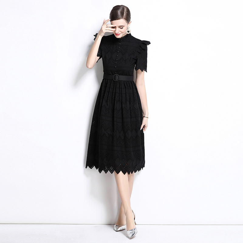 Short sleeve splice elegant pinched waist dress