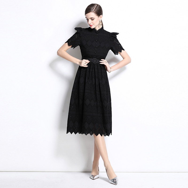 Short sleeve splice elegant pinched waist dress