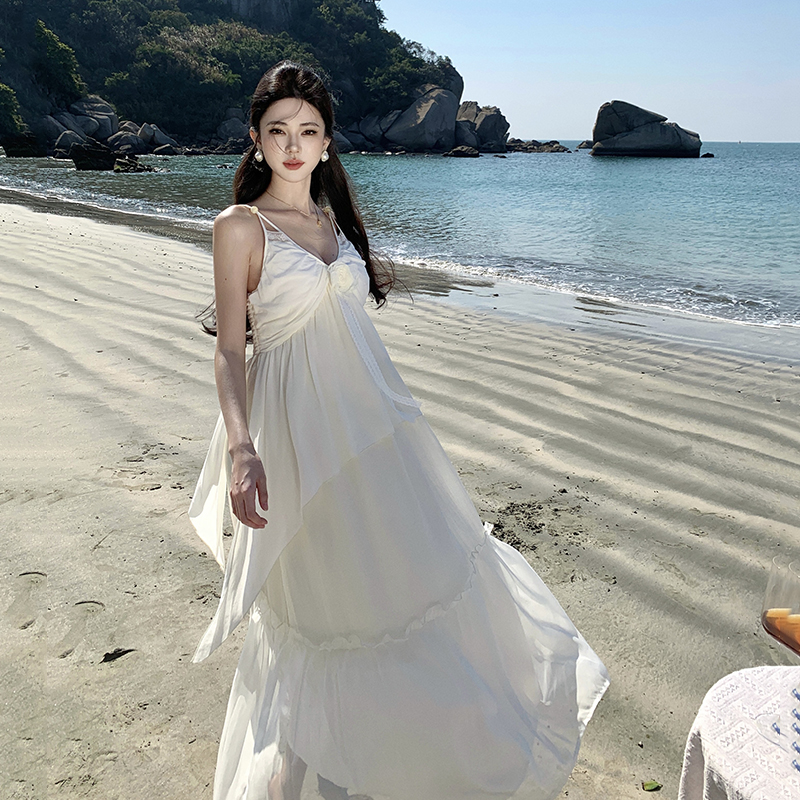 Vacation summer dress white strap dress for women