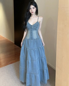 Pinched waist denim sling dress retro V-neck sexy long dress