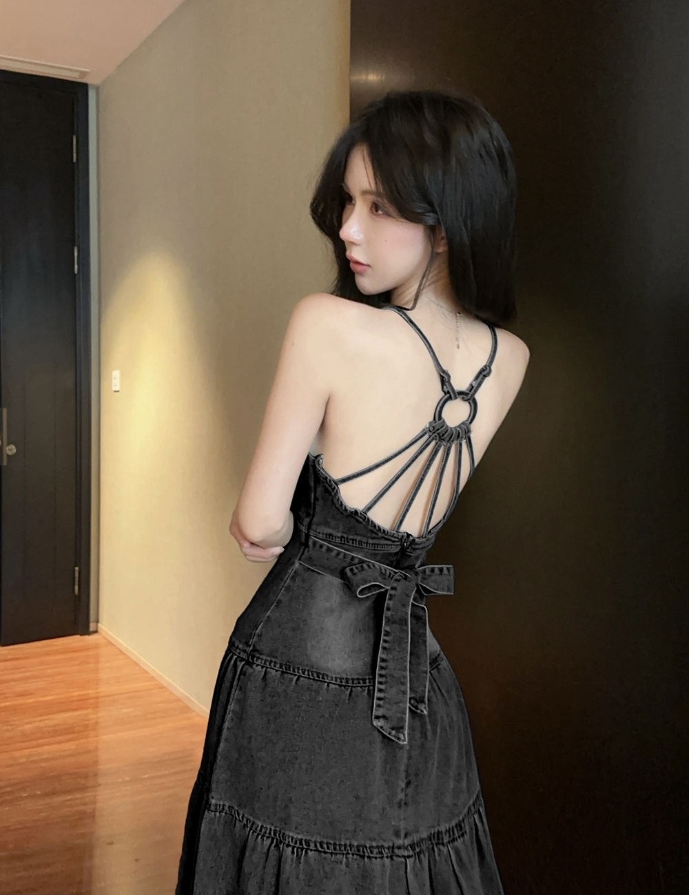 Pinched waist denim sling dress retro V-neck sexy long dress