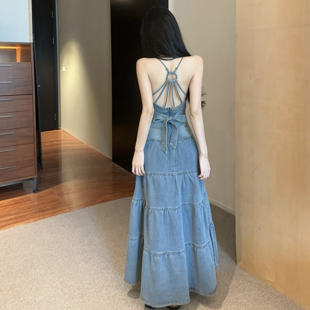 Pinched waist denim sling dress retro V-neck sexy long dress