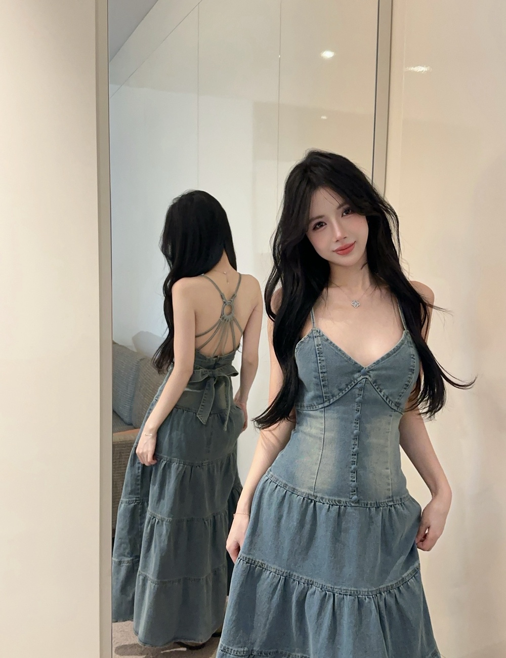 Pinched waist denim sling dress retro V-neck sexy long dress