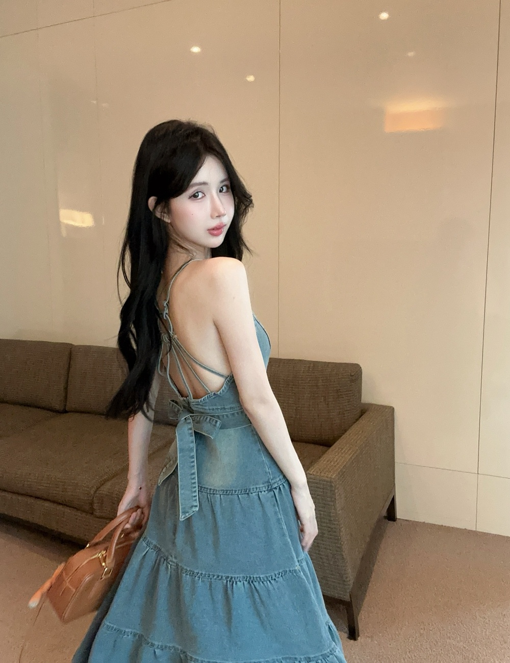 Retro V-neck denim long dress halter sling slim dress