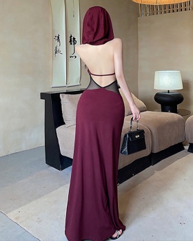 A-line splice France style dress halter slim long dress