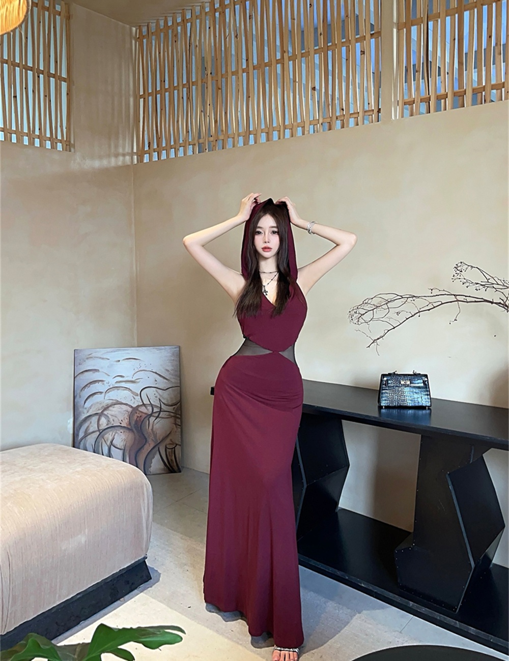 A-line splice France style dress halter slim long dress