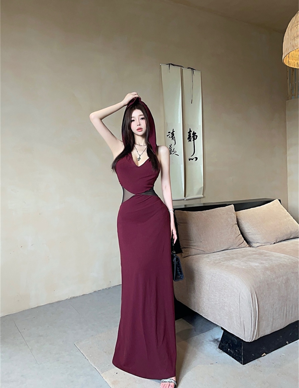 A-line splice France style dress halter slim long dress