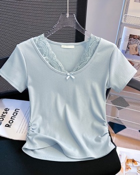 Short sleeve summer lace V-neck tops white bow slim T-shirt