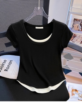 White U-neck short tops slim Pseudo-two T-shirt for women